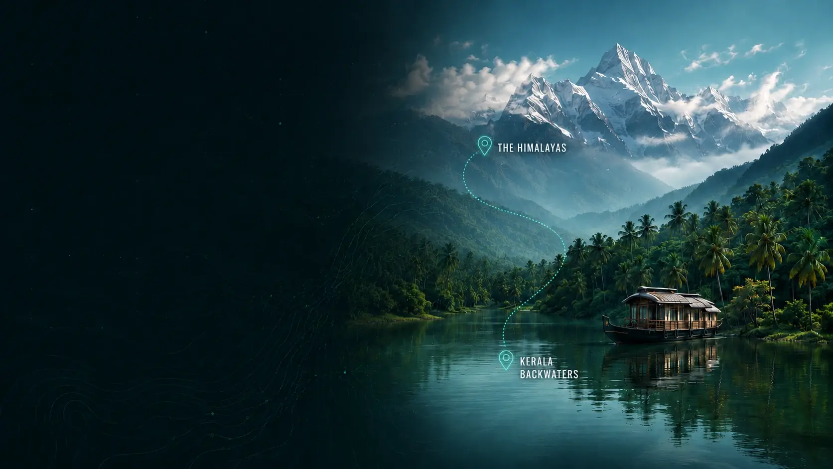 A panorama running from the Himalayas to the Kerala backwaters