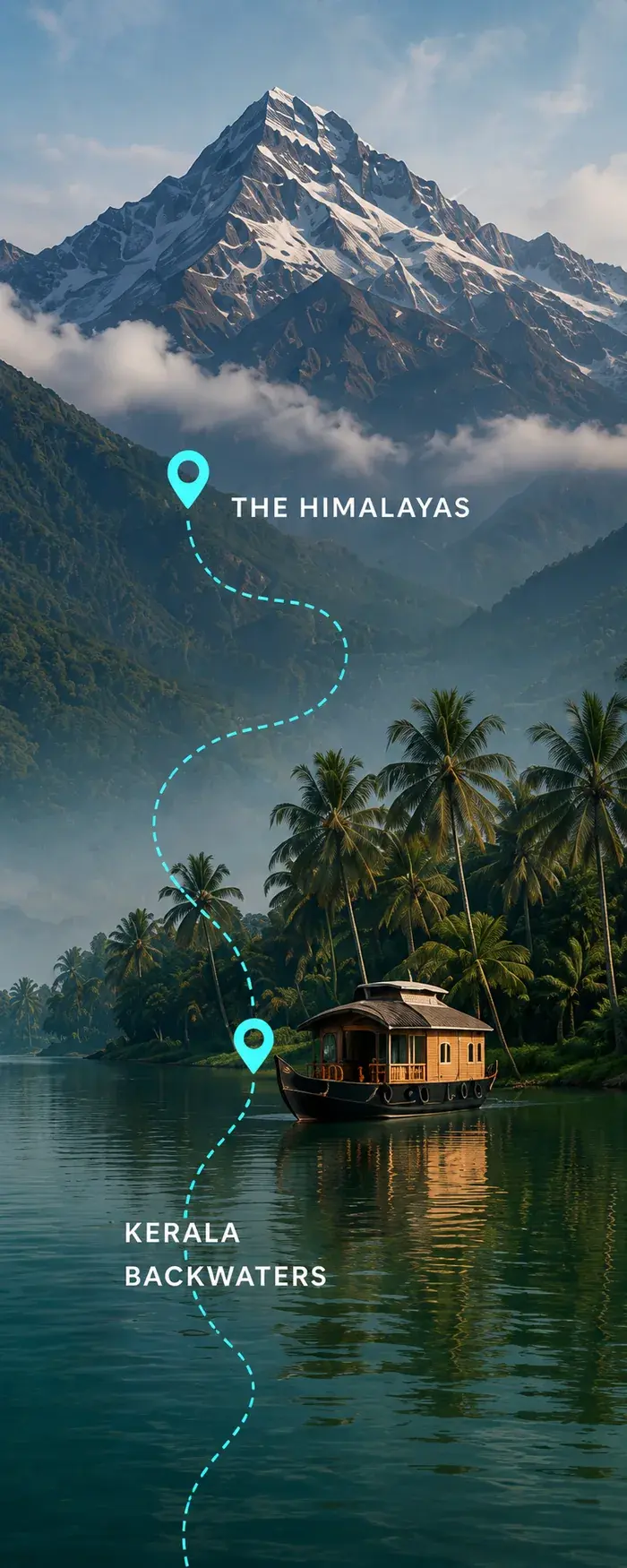 Himalayan mountains transitioning into Kerala backwaters, connected by a travel route